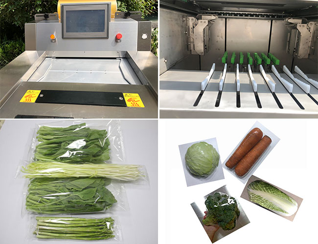 全自動(dòng)蔬菜保鮮膜包裝機(jī)細(xì)節(jié)及樣品展示